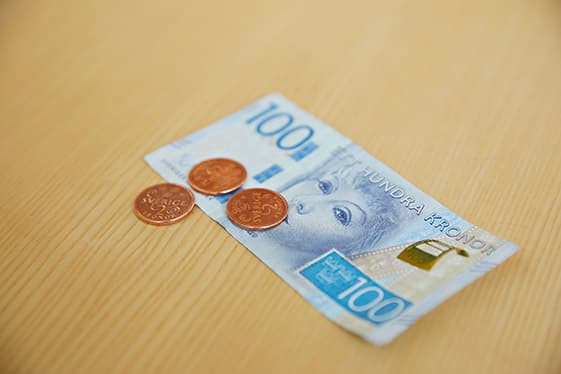 En hundralapp och några mynt. 